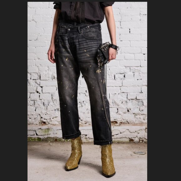 R13 Cross Over Jeans in Eaton Black Selvedge Gold Paint Size 25 - Picture 1 of 16
